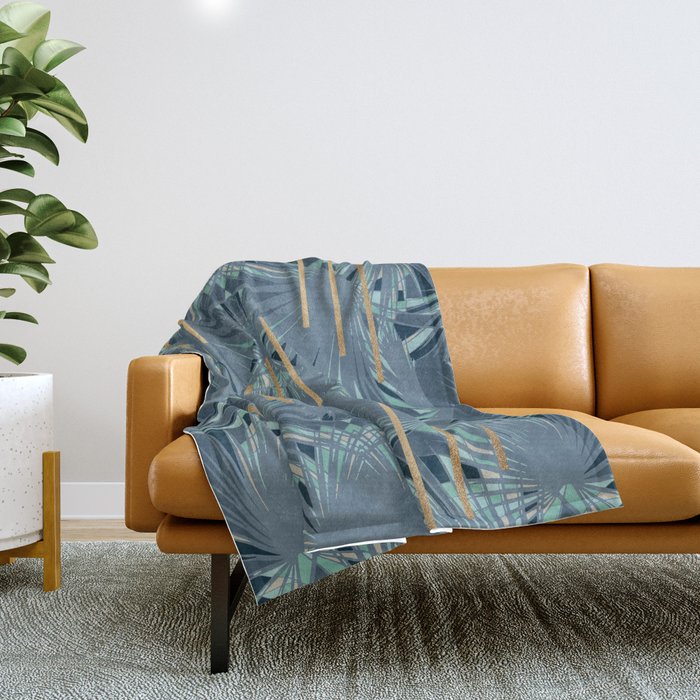 Tropical Art Deco 1.1a Blue, Green, Gold Throw Blanket