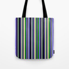 [ Thumbnail: Eyecatching Medium Slate Blue, Green, Beige, Dark Slate Blue, and Black Colored Stripes Pattern Tote Bag ]
