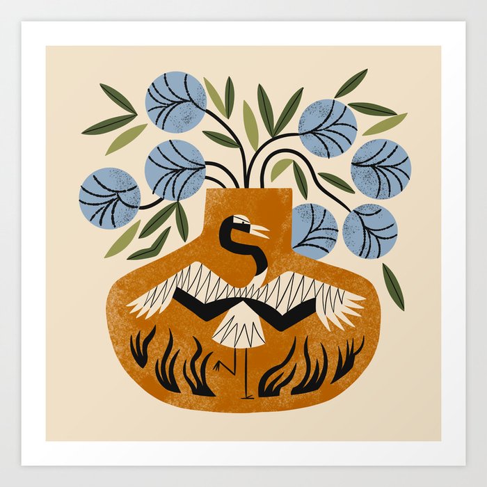 Blue Peonies And Crane Vase Art Print Art Print