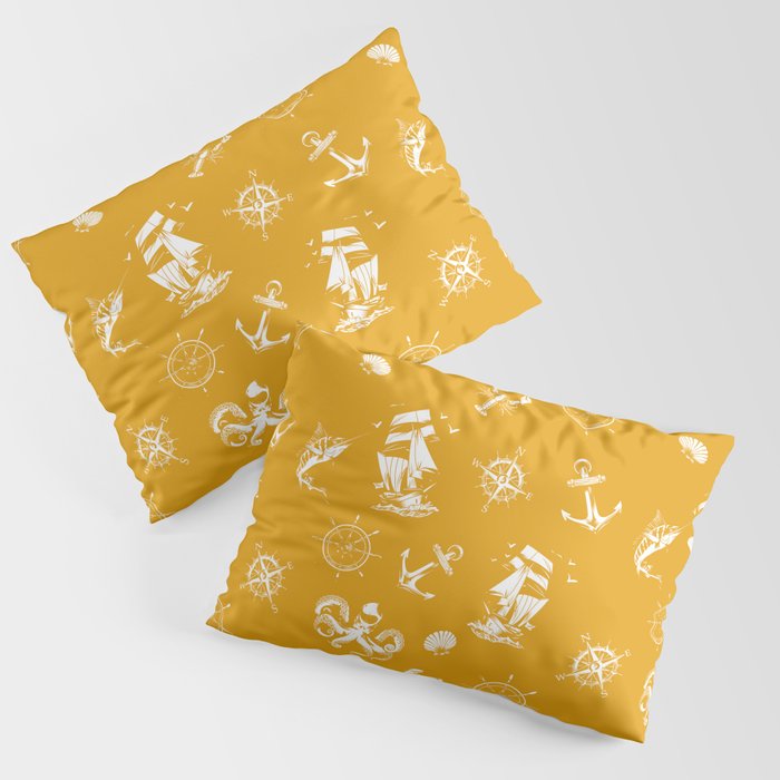 Mustard And White Silhouettes Of Vintage Nautical Pattern Pillow Sham
