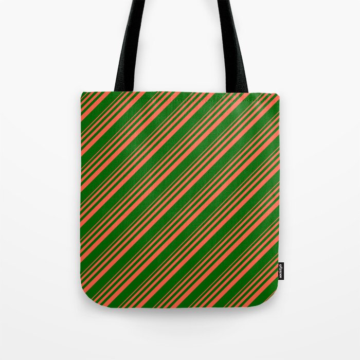 Red and Dark Green Colored Stripes Pattern Tote Bag