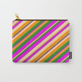[ Thumbnail: Tan, Dark Orange, Forest Green, and Fuchsia Colored Striped Pattern Carry-All Pouch ]