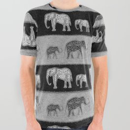 Black and White Elephant Families on Velvet All Over Graphic Tee