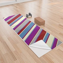 [ Thumbnail: Colorful Purple, Blue, Dark Grey, Light Yellow, and Dark Red Colored Striped/Lined Pattern Yoga Towel ]