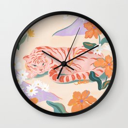 Pink Tiger in Wild Garden  Wall Clock | Flowers, Pink, Cute, Floral, Pastelcolor, Nature, Colorful, Digital, Aesetetic, Curated 