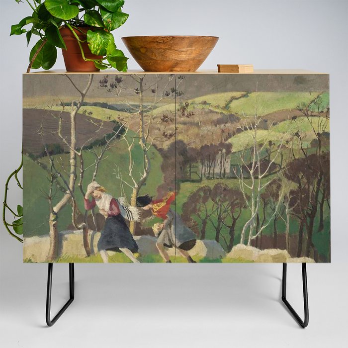 Two girls on a windy day Credenza