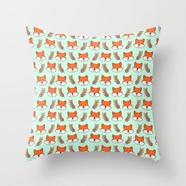 Cute Cartoon Fox Face Pattern on Mint Green Background Throw Pillow