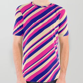 [ Thumbnail: Deep Pink, Dark Blue & Beige Colored Lined Pattern All Over Graphic Tee ]
