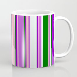 [ Thumbnail: Eyecatching Orchid, Light Pink, Dark Violet, Dark Green & Mint Cream Colored Lines/Stripes Pattern Coffee Mug ]