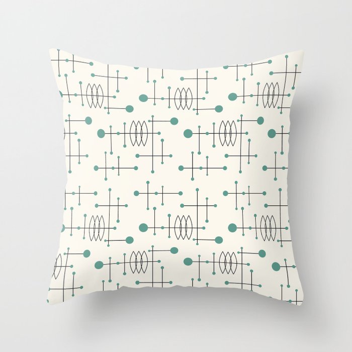 Mid Century Atomic Age Pattern Teal and Cream Throw Pillow