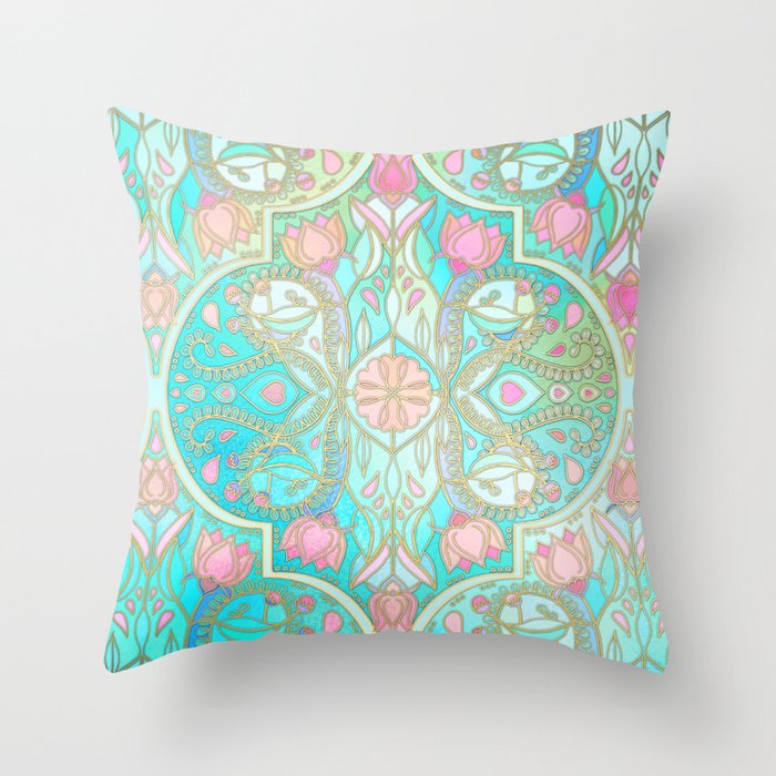Floral Moroccan in Spring Pastels - Aqua, Pink, Mint & Peach Throw Pillow