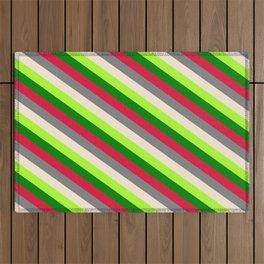[ Thumbnail: Colorful Gray, Beige, Light Green, Green, and Crimson Colored Stripes Pattern Outdoor Rug ]