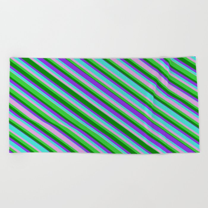Turquoise, Plum, Lime Green, Green & Purple Colored Lined Pattern Beach Towel