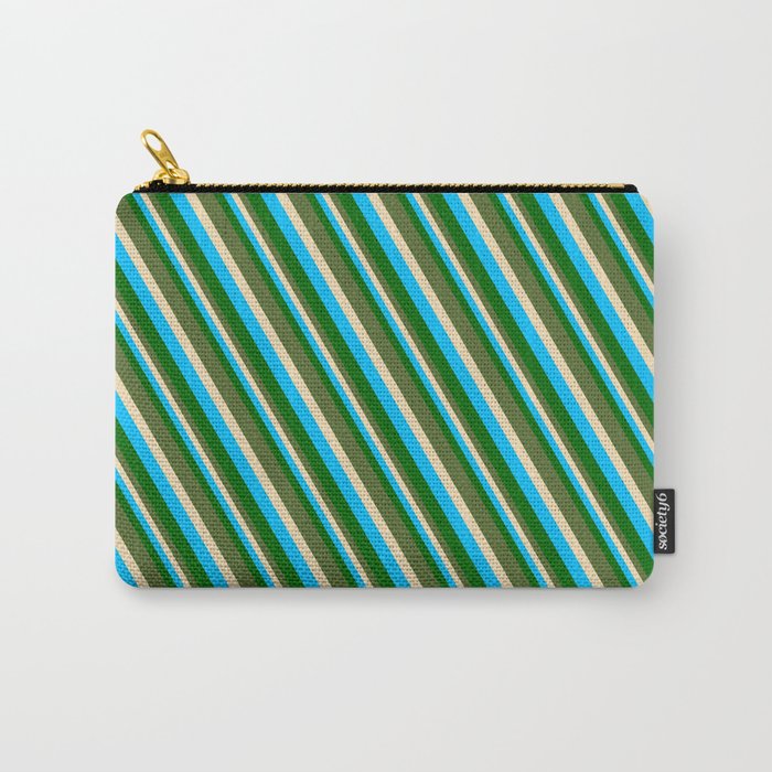 Deep Sky Blue, Dark Green, Dark Olive Green & Tan Colored Pattern of Stripes Carry-All Pouch