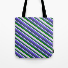 [ Thumbnail: Green, Light Gray, Medium Slate Blue, and Dark Slate Blue Colored Striped Pattern Tote Bag ]