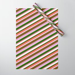 [ Thumbnail: Eye-catching Red, Plum, Mint Cream, Brown, and Dark Green Colored Lined/Striped Pattern Wrapping Paper ]