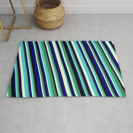 [ Thumbnail: Eyecatching Sea Green, Turquoise, Light Yellow, Dark Blue, and Black Colored Stripes/Lines Pattern Rug ]