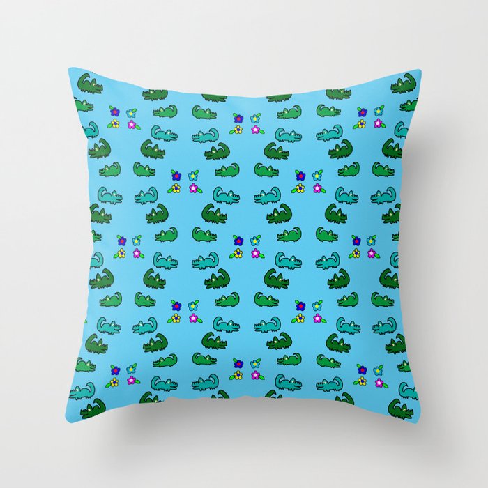 Alligators and Flowers Blue Throw Pillow