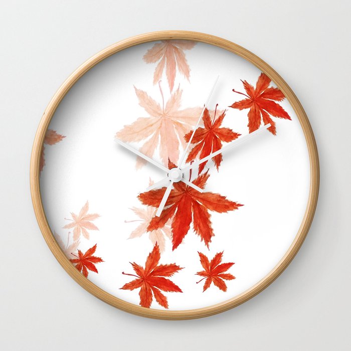 Falling red maple leaves watercolor painting Wall Clock