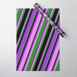 [ Thumbnail: Dark Orchid, Violet, Forest Green, and Black Colored Lines Pattern Wrapping Paper ]