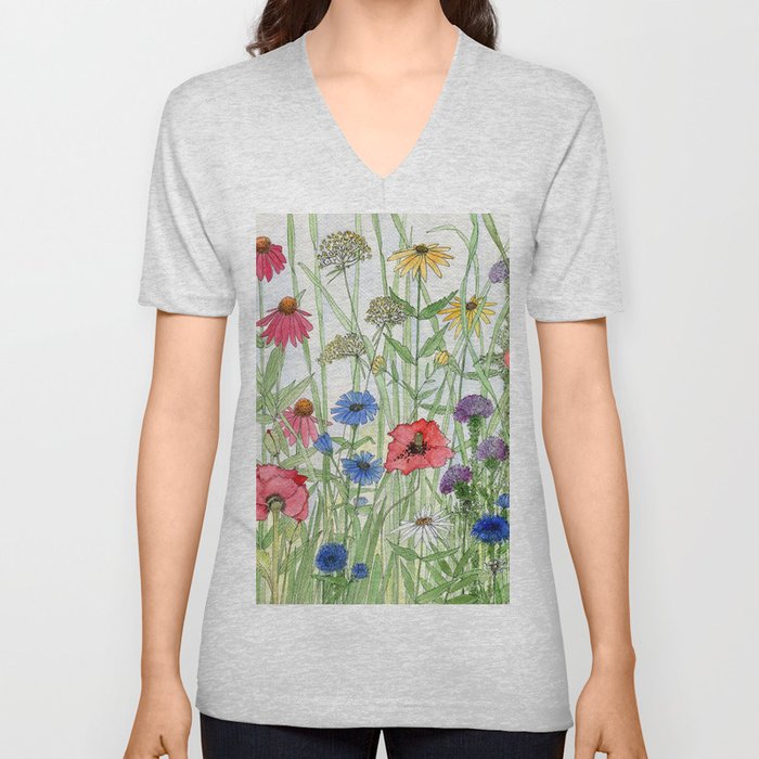 Watercolor of Garden Flower Medley V Neck T Shirt