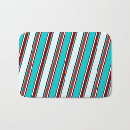 [ Thumbnail: Dark Turquoise, Brown, Light Cyan, and Maroon Colored Lined/Striped Pattern Bath Mat ]