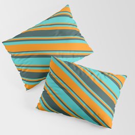 [ Thumbnail: Turquoise, Dark Orange & Dark Slate Gray Colored Pattern of Stripes Pillow Sham ]