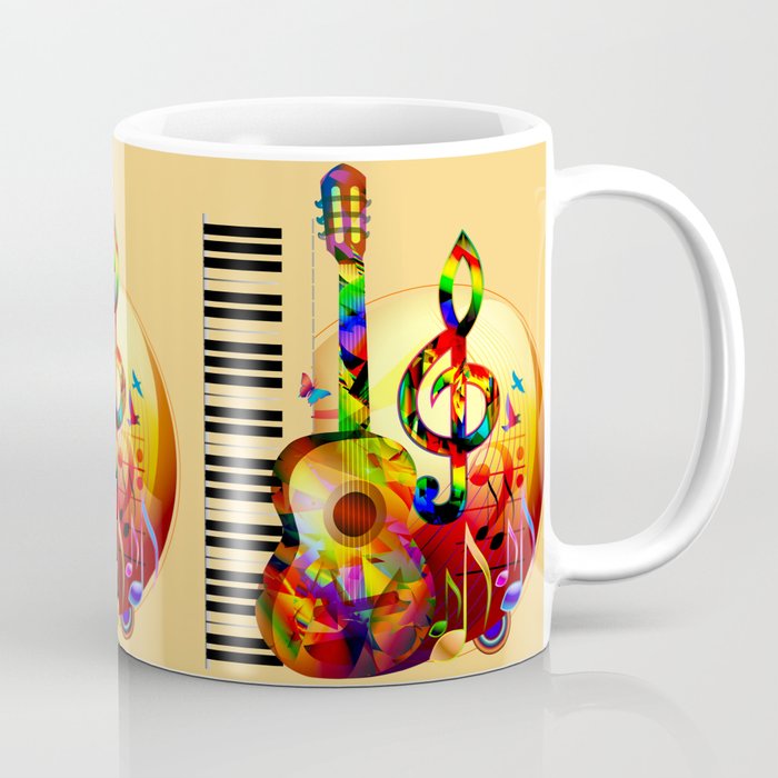 Colorful  music instruments painting, guitar, treble clef, piano, musical notes, flying birds Coffee Mug