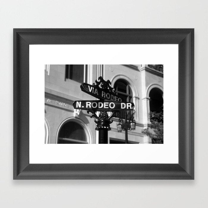 Rodeo Drive Street Sign, Los Angeles, Hollywood, California black and white photograph - photography - photographsy by Torsten Bolten Framed Art Print