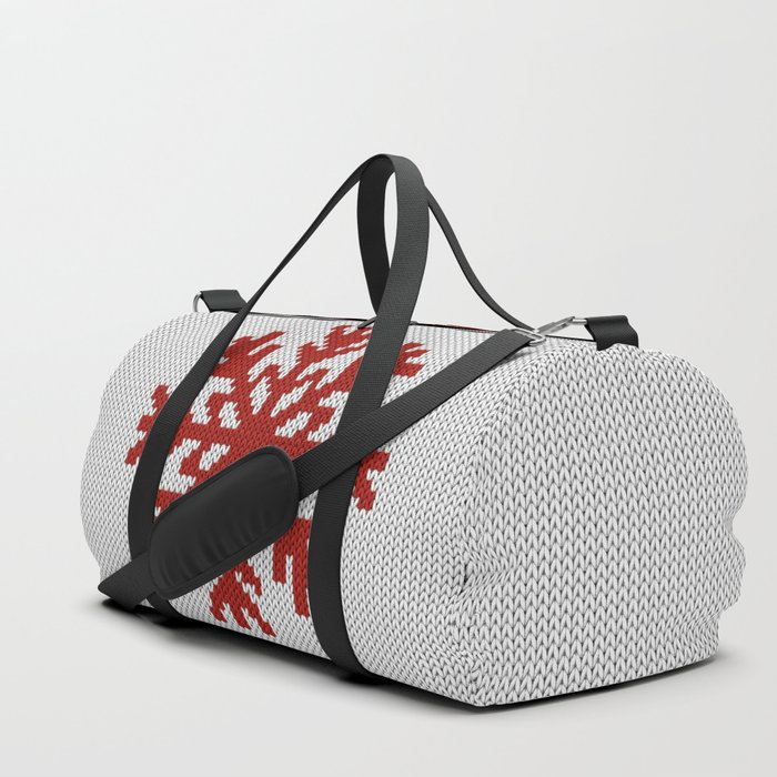 Knitted Christmas decoration red snowflake on white Duffle Bag