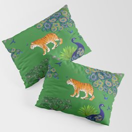 Tiger ,Indian elephant ,peacock jungle pattern ,green background  Pillow Sham
