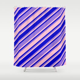 [ Thumbnail: Pink, Blue, and Purple Colored Pattern of Stripes Shower Curtain ]