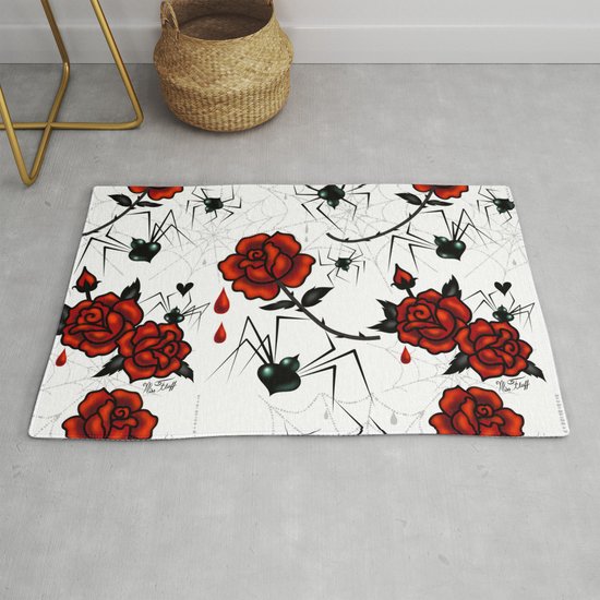 Black Widow Spider With Red Rose Rug By, Red Rose Rug