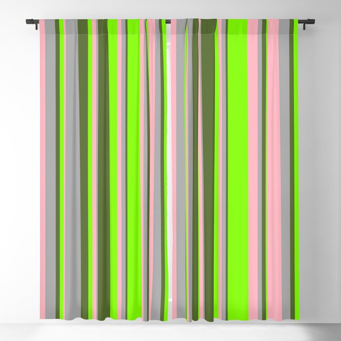 Light Pink, Dark Grey, Dark Olive Green, and Chartreuse Colored Lines/Stripes Pattern Blackout Curtain