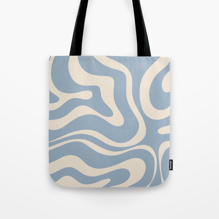 Modern Retro Liquid Swirl Abstract Pattern Square in Muted Light Blue and Cream Beige Tote Bag