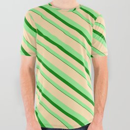 [ Thumbnail: Tan, Light Green, and Green Colored Lined/Striped Pattern All Over Graphic Tee ]