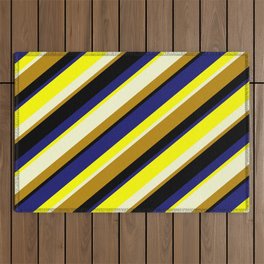 [ Thumbnail: Vibrant Midnight Blue, Yellow, Light Yellow, Dark Goldenrod, and Black Colored Lines/Stripes Pattern Outdoor Rug ]
