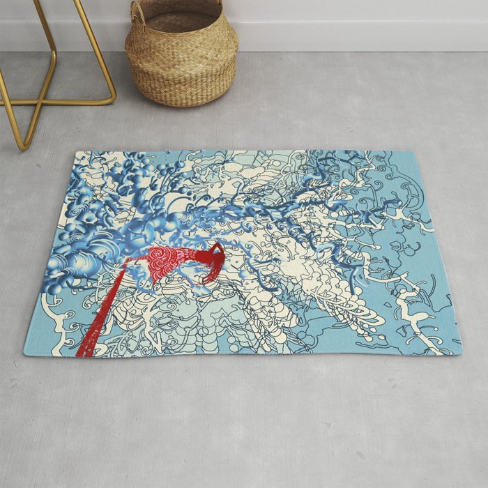 Pop Art Girl With Turquoise + Cream Abstract Whimsy Rug