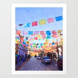 Papel Picado Art Print | Digital, Watercolor, Streetscene, Mexico, Party, Painting 