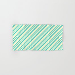 [ Thumbnail: Light Yellow and Turquoise Colored Lined Pattern Hand & Bath Towel ]