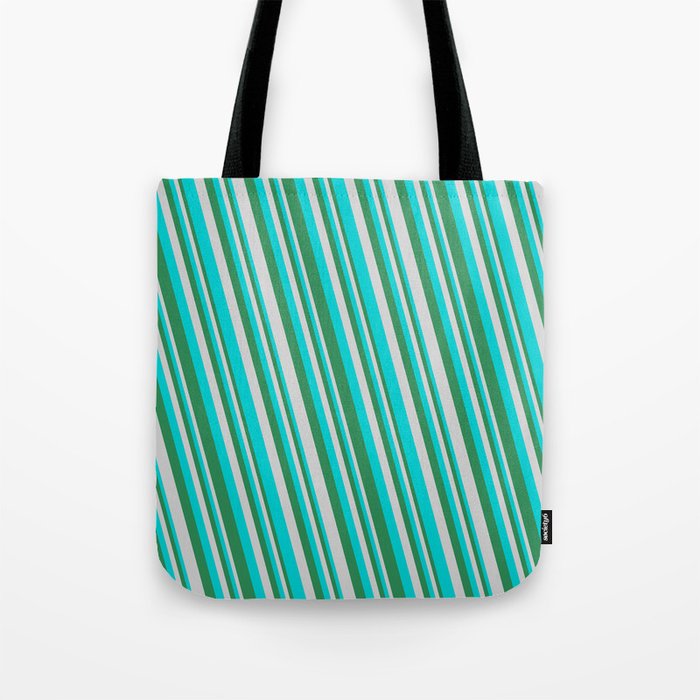 Sea Green, Light Gray & Dark Turquoise Colored Stripes/Lines Pattern Tote Bag