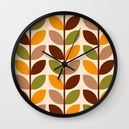 Retro 70s mod leaves stems brown orange Wall Clock