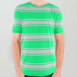 [ Thumbnail: Green and Light Gray Colored Stripes/Lines Pattern All Over Graphic Tee ]