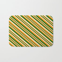 [ Thumbnail: Dark Orange, Dark Green & Bisque Colored Lines Pattern Bath Mat ]