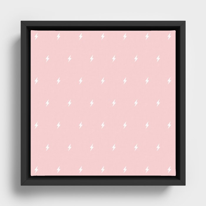 White Lightning Bolt pattern on Pastel Pink background Framed Canvas