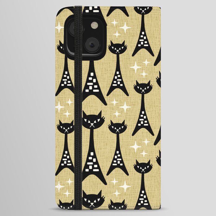 Retro Mid Century Modern Cat Pattern 722 Gold iPhone Wallet Case