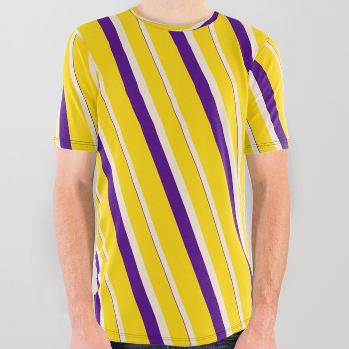 Yellow, Beige, and Indigo Colored Lines/Stripes Pattern All Over Graphic Tee
