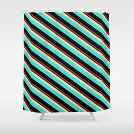 [ Thumbnail: Colorful Dim Gray, Maroon, Tan, Turquoise & Black Colored Stripes/Lines Pattern Shower Curtain ]
