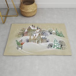 Hand drawn illustration with winter landscape and snowy houses in village Area & Throw Rug