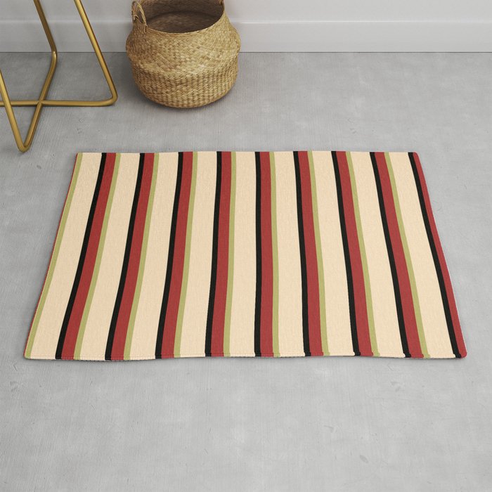 Brown, Dark Khaki, Bisque, and Black Colored Lined/Striped Pattern Rug